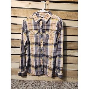 Columbia Women's Plaid Long Sleeve Roll Tab  Button Up Shirt Pink Purple SzLarge